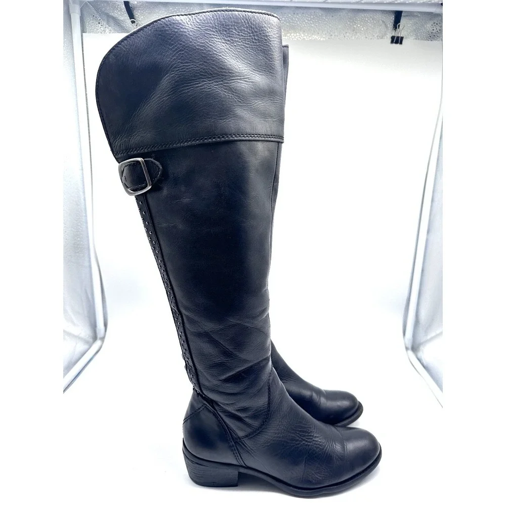 Vince Camuto Bollo Black Leather Knee High Biker Moto Goth Studded Boots 6.5 B - Picture 7 of 16